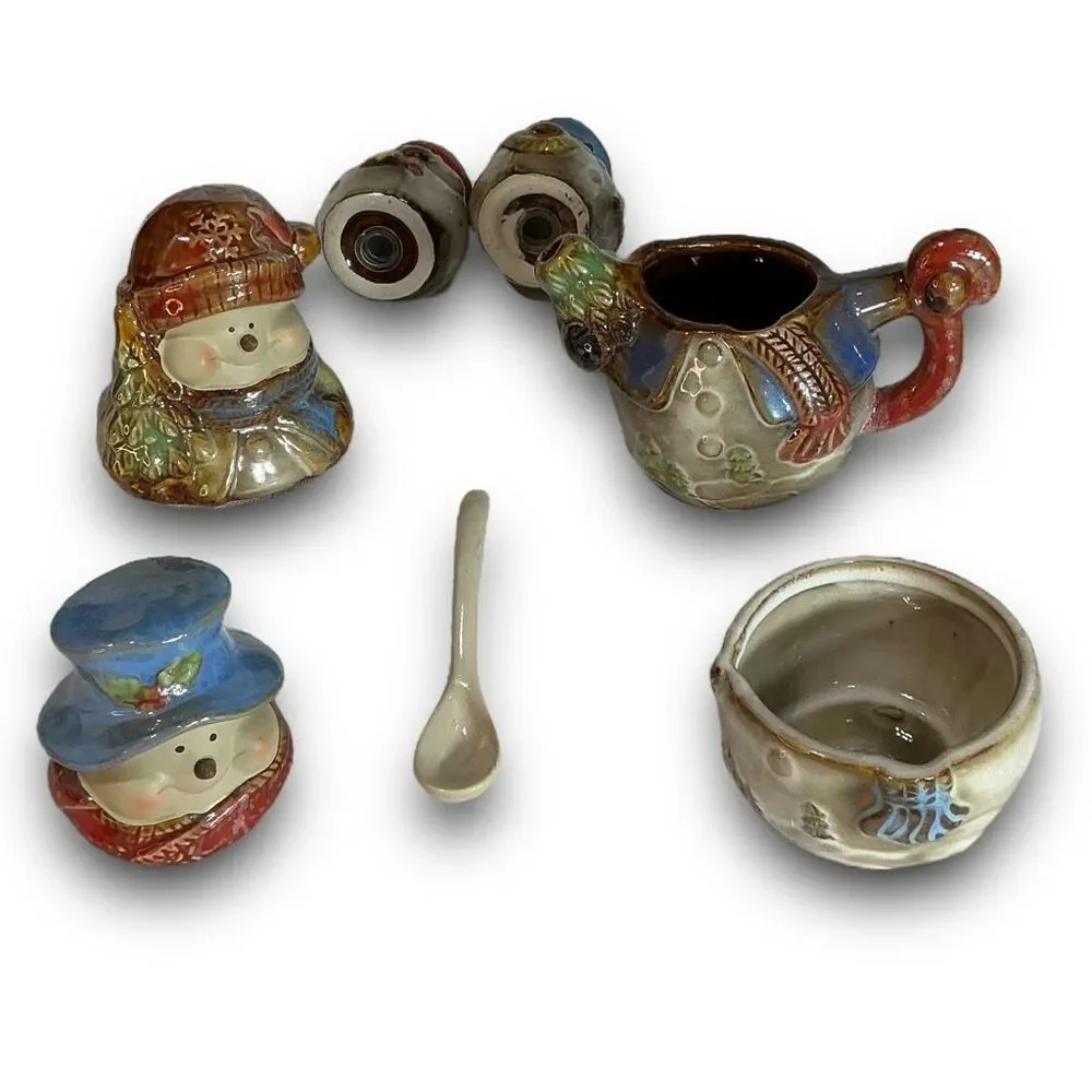 Christmas KIRKLAND’S Potter’s Garden Snowman Salt & Pepper Creamer & Sugar Set